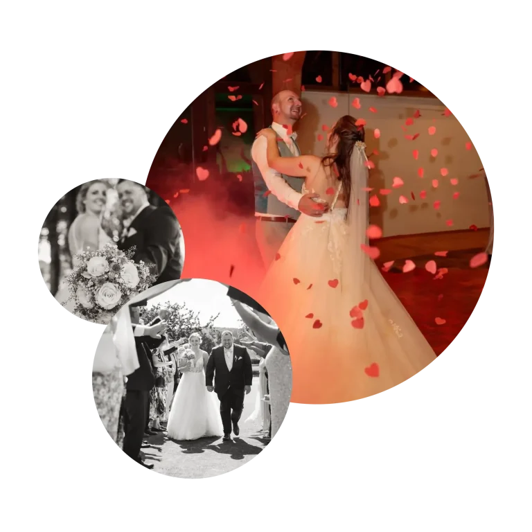 Hochzeitsmomente: Brautpaar mit Rosenblättern beim Hochzeitstanz in Bad Dirburg