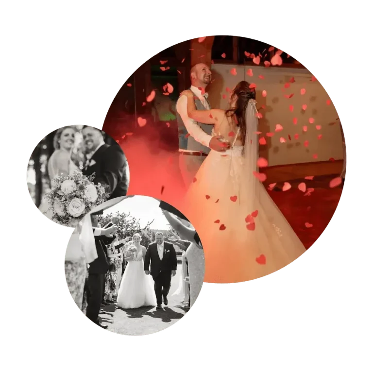 Hochzeitsmomente: Brautpaar mit Rosenblättern beim Hochzeitstanz in Bad Dirburg