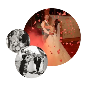 Hochzeitsmomente: Brautpaar mit Rosenblättern beim Hochzeitstanz in Bad Dirburg